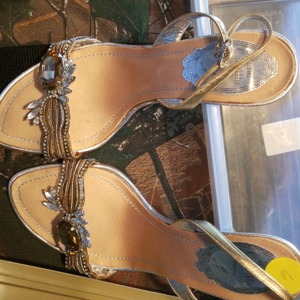 Rene Caovilla Metallic Jeweled Strap Heel Sandal
